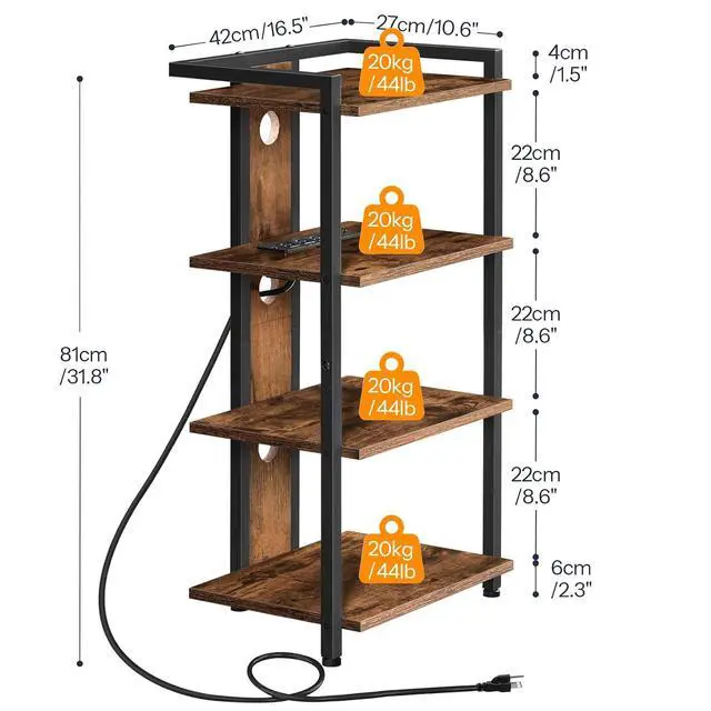 Alt view image 3 of 7 - 4-Tier AV Media Stand, Media Console with Charging Station and LED Light, Wooden Stereo Cabinet, Corner TV Stand, Record Player, Entertainment Device Stand, Rustic Brown and Black BF38UDCJ01