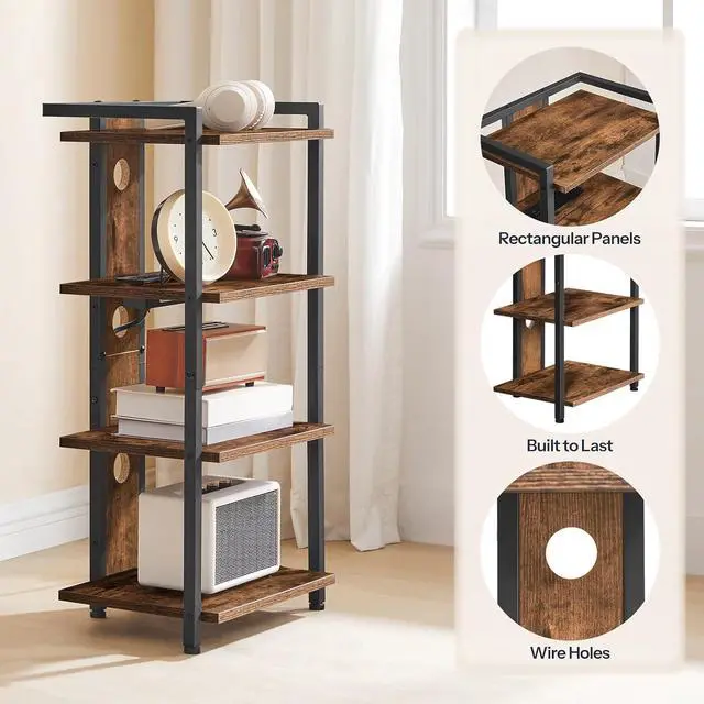 Alt view image 5 of 7 - 4-Tier AV Media Stand, Media Console with Charging Station and LED Light, Wooden Stereo Cabinet, Corner TV Stand, Record Player, Entertainment Device Stand, Rustic Brown and Black BF38UDCJ01