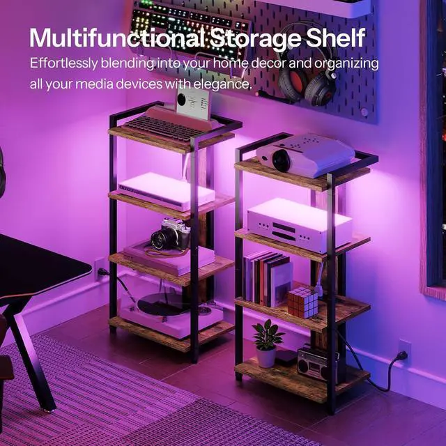 Alt view image 4 of 7 - 4-Tier AV Media Stand, Media Console with Charging Station and LED Light, Wooden Stereo Cabinet, Corner TV Stand, Record Player, Entertainment Device Stand, Rustic Brown and Black BF38UDCJ01