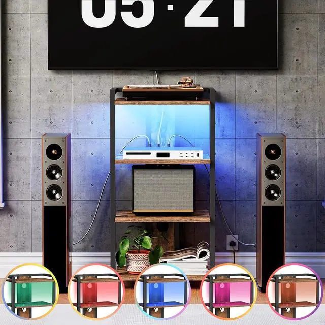 Alt view image 6 of 7 - 4-Tier AV Media Stand, Media Console with Charging Station and LED Light, Wooden Stereo Cabinet, Corner TV Stand, Record Player, Entertainment Device Stand, Rustic Brown and Black BF38UDCJ01