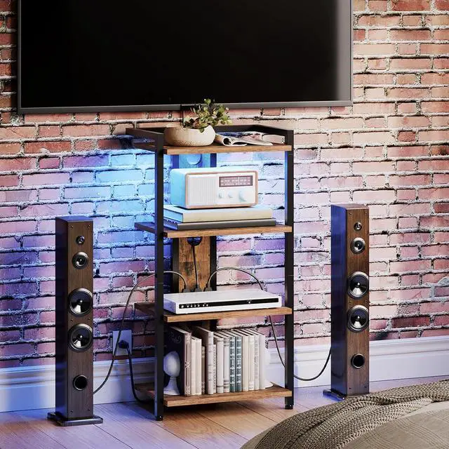 Alt view image 7 of 7 - 4-Tier AV Media Stand, Media Console with Charging Station and LED Light, Wooden Stereo Cabinet, Corner TV Stand, Record Player, Entertainment Device Stand, Rustic Brown and Black BF38UDCJ01