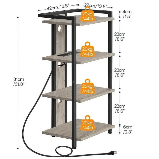 Alt view image 3 of 7 - 4-Tier AV Media Stand, Media Console with Charging Station and LED Light, Wooden Stereo Cabinet, Corner TV Stand, Record Player, Entertainment Device Stand, BG38UDCJ01
