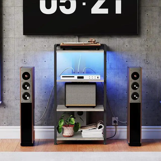 Alt view image 2 of 7 - 4-Tier AV Media Stand, Media Console with Charging Station and LED Light, Wooden Stereo Cabinet, Corner TV Stand, Record Player, Entertainment Device Stand, BG38UDCJ01