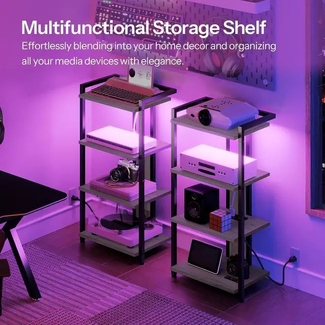 Alt view image 4 of 7 - 4-Tier AV Media Stand, Media Console with Charging Station and LED Light, Wooden Stereo Cabinet, Corner TV Stand, Record Player, Entertainment Device Stand, BG38UDCJ01