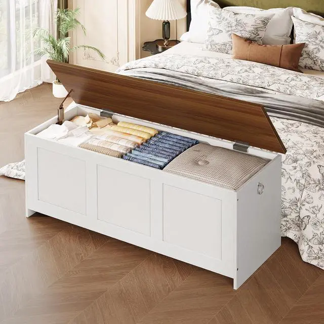 Alt view image 2 of 7 - Storage Bench, 43.3" Retro Wooden Storage Chest, Wooden Storage Trunk, Toy Chest with Lift Top, Multifunctional Entryway Organizer, for Entryway, Living Room, White and Walnut WH411CW01