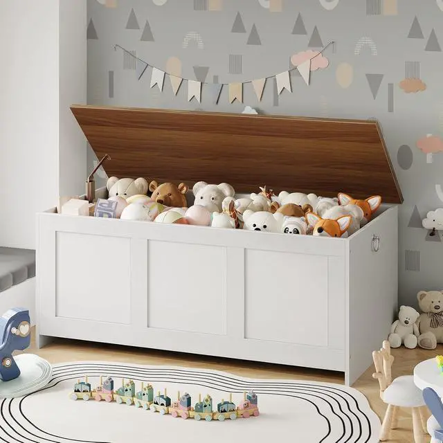 Alt view image 4 of 7 - Storage Bench, 43.3" Retro Wooden Storage Chest, Wooden Storage Trunk, Toy Chest with Lift Top, Multifunctional Entryway Organizer, for Entryway, Living Room, White and Walnut WH411CW01