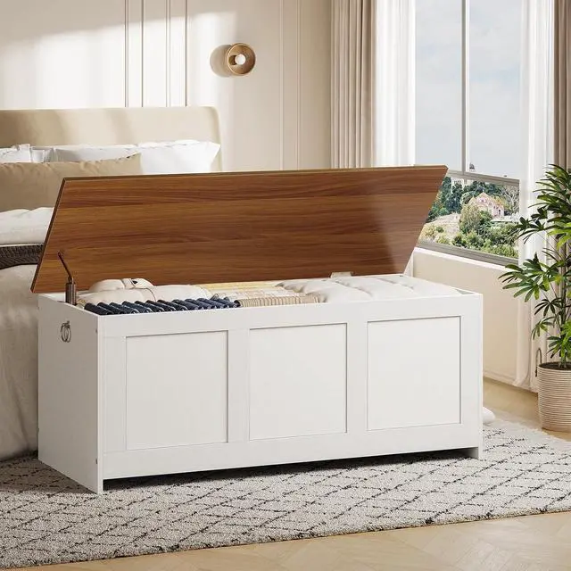 Alt view image 6 of 7 - Storage Bench, 43.3" Retro Wooden Storage Chest, Wooden Storage Trunk, Toy Chest with Lift Top, Multifunctional Entryway Organizer, for Entryway, Living Room, White and Walnut WH411CW01