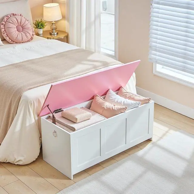 Alt view image 2 of 7 - Storage Bench, 39.3" Retro Wooden Storage Chest, Wooden Storage Trunk, Toy Chest with Lift Top, Multifunctional Entryway Organizer, for Entryway, Living Room, White and Pink WK141CW01