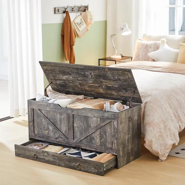 Alt view image 2 of 7 - Storage Chest, 39.3" Toy Chest with Drawer, Wooden Storage Bench, Sturdy Entryway Bench Supports 220 lb, Shoe Bench, Safety Hinge, U-Shaped Opening, Easy Assembly, Vintage Gray VP710CW01G2