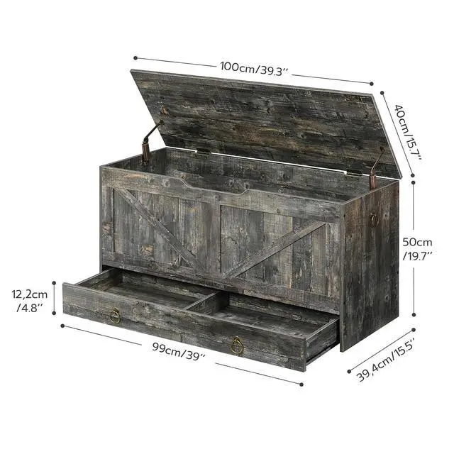 Alt view image 3 of 7 - Storage Chest, 39.3" Toy Chest with Drawer, Wooden Storage Bench, Sturdy Entryway Bench Supports 220 lb, Shoe Bench, Safety Hinge, U-Shaped Opening, Easy Assembly, Vintage Gray VP710CW01G2