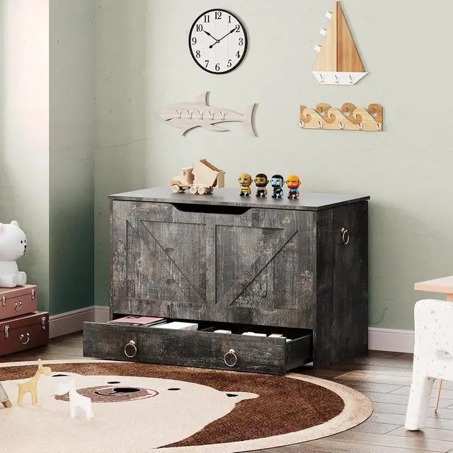 Alt view image 4 of 7 - Storage Chest, 39.3" Toy Chest with Drawer, Wooden Storage Bench, Sturdy Entryway Bench Supports 220 lb, Shoe Bench, Safety Hinge, U-Shaped Opening, Easy Assembly, Vintage Gray VP710CW01G2
