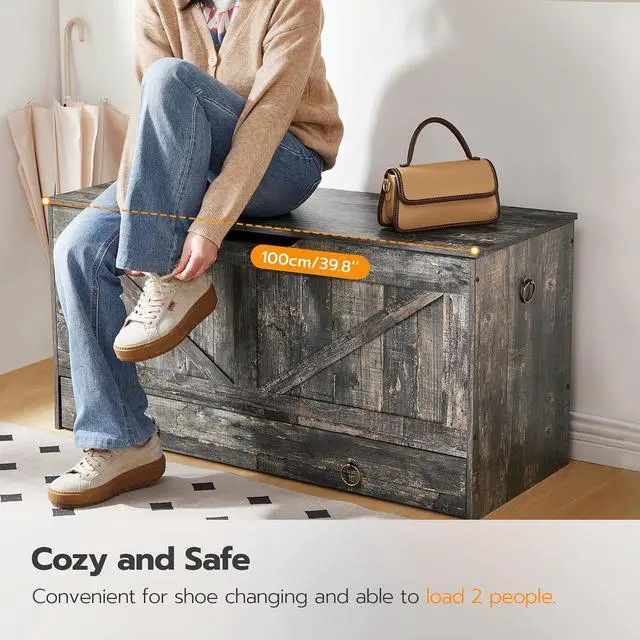 Alt view image 7 of 7 - Storage Chest, 39.3" Toy Chest with Drawer, Wooden Storage Bench, Sturdy Entryway Bench Supports 220 lb, Shoe Bench, Safety Hinge, U-Shaped Opening, Easy Assembly, Vintage Gray VP710CW01G2