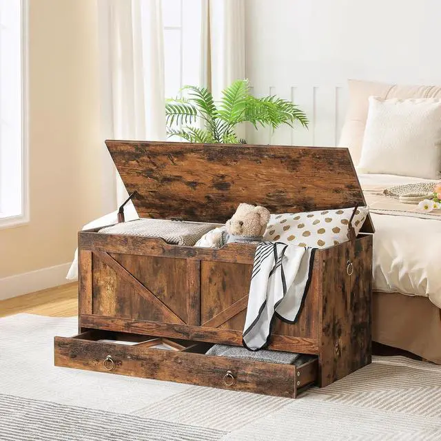Alt view image 2 of 7 - Storage Chest, 39.3" Toy Chest with Drawer, Wooden Storage Bench, Sturdy Entryway Bench Supports 220 lb, Shoe Bench, Safety Hinge, U-Shaped Opening, Easy Assembly, Rustic Brown FG710CW01G1