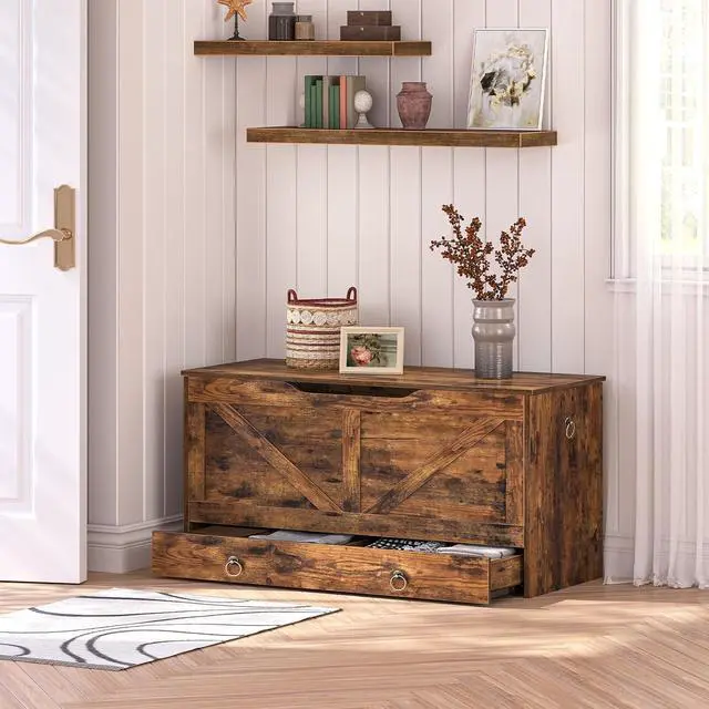 Alt view image 3 of 7 - Storage Chest, 39.3" Toy Chest with Drawer, Wooden Storage Bench, Sturdy Entryway Bench Supports 220 lb, Shoe Bench, Safety Hinge, U-Shaped Opening, Easy Assembly, Rustic Brown FG710CW01G1