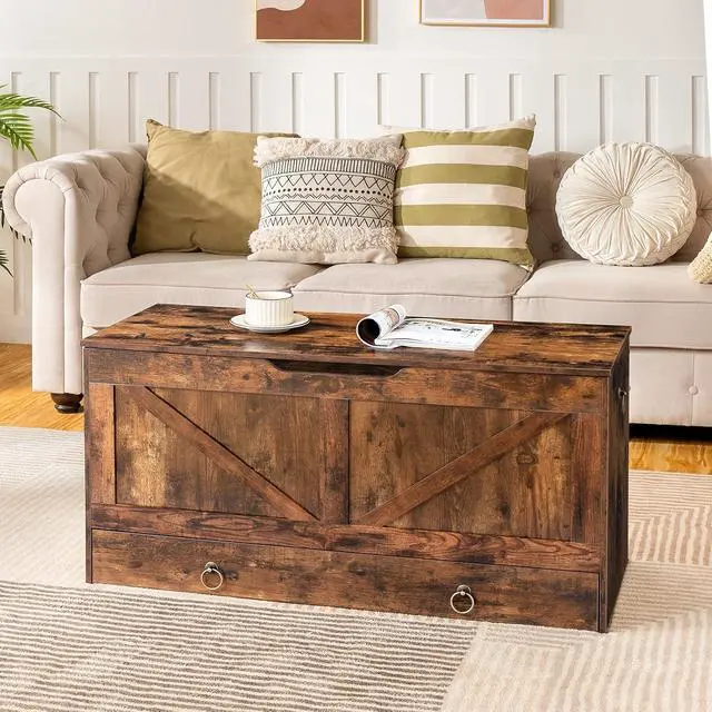 Alt view image 4 of 7 - Storage Chest, 39.3" Toy Chest with Drawer, Wooden Storage Bench, Sturdy Entryway Bench Supports 220 lb, Shoe Bench, Safety Hinge, U-Shaped Opening, Easy Assembly, Rustic Brown FG710CW01G1