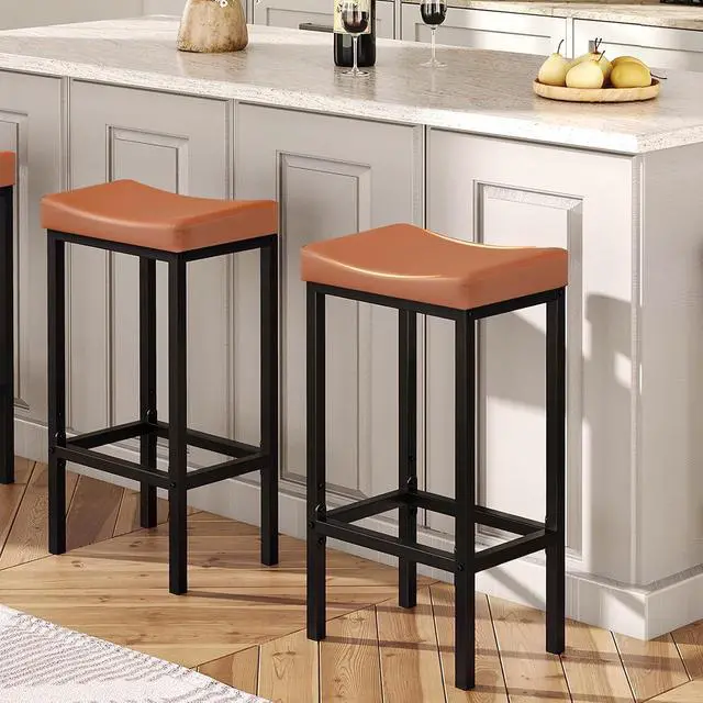 Alt view image 2 of 7 - Bar Stools, Set of 2 Bar Chairs, Counter Height Stools, Saddle Barstools with Curved Surface, 24.8 Inches, 2.4" Thick Upholstery, for Kitchen, Dining Room, Cafe Orange-Brown and Black CB10BY01
