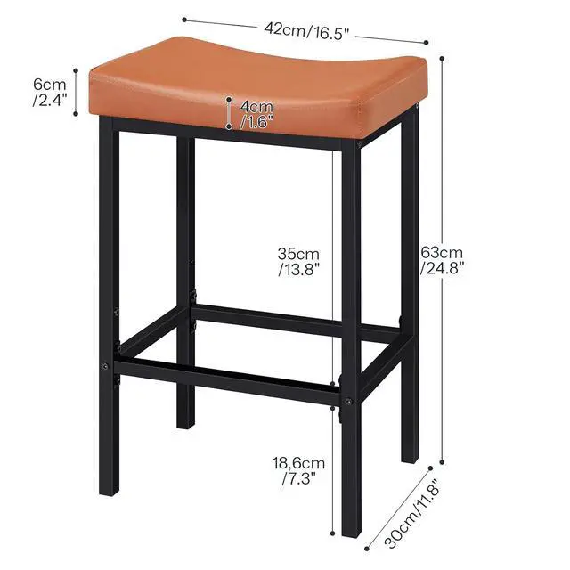 Alt view image 3 of 7 - Bar Stools, Set of 2 Bar Chairs, Counter Height Stools, Saddle Barstools with Curved Surface, 24.8 Inches, 2.4" Thick Upholstery, for Kitchen, Dining Room, Cafe Orange-Brown and Black CB10BY01