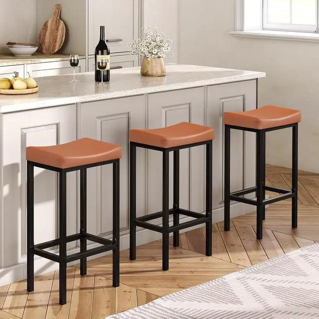 Alt view image 5 of 7 - Bar Stools, Set of 2 Bar Chairs, Counter Height Stools, Saddle Barstools with Curved Surface, 24.8 Inches, 2.4" Thick Upholstery, for Kitchen, Dining Room, Cafe Orange-Brown and Black CB10BY01