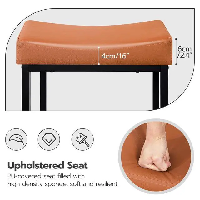 Alt view image 6 of 7 - Bar Stools, Set of 2 Bar Chairs, Counter Height Stools, Saddle Barstools with Curved Surface, 24.8 Inches, 2.4" Thick Upholstery, for Kitchen, Dining Room, Cafe Orange-Brown and Black CB10BY01
