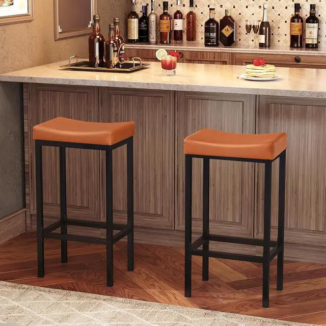 Alt view image 4 of 7 - Bar Stools, Set of 2 Bar Chairs, Counter Height Stools, Saddle Barstools with Curved Surface, 24.8 Inches, 2.4" Thick Upholstery, for Kitchen, Dining Room, Cafe Orange-Brown and Black CB10BY01