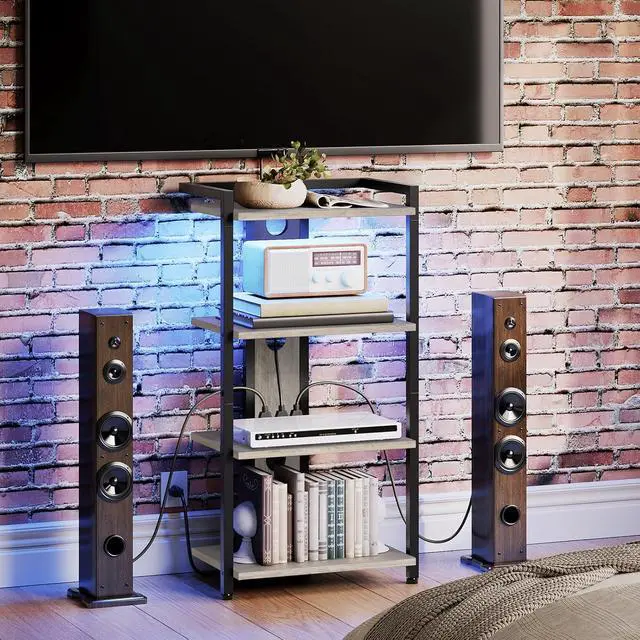 Alt view image 5 of 7 - 4-Tier AV Media Stand, Media Console with Charging Station and LED Light, Wooden Stereo Cabinet, Corner TV Stand, Record Player, Entertainment Device Stand, BG38UDCJ01