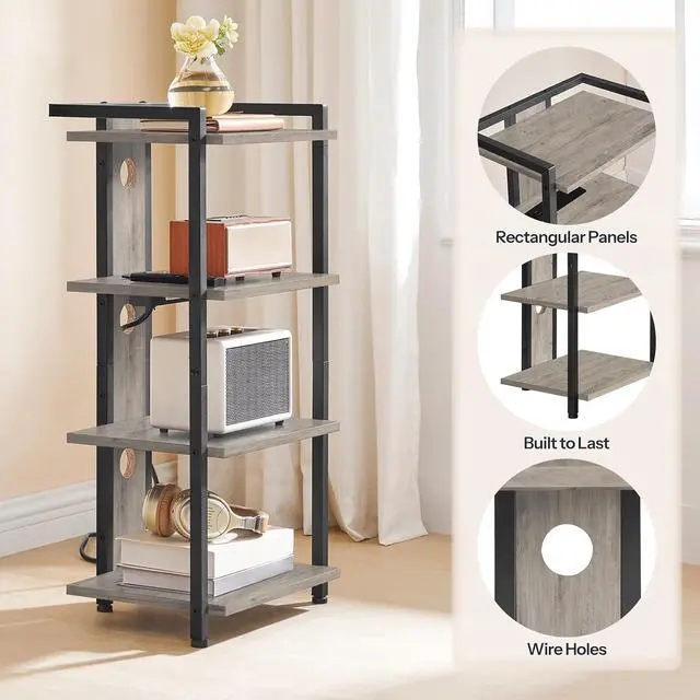 Alt view image 7 of 7 - 4-Tier AV Media Stand, Media Console with Charging Station and LED Light, Wooden Stereo Cabinet, Corner TV Stand, Record Player, Entertainment Device Stand, BG38UDCJ01