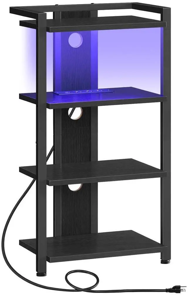 Main image of Game Console Shelf, 4-Tier Video Gaming Consoles Stand with Outlet & RGB Light, Audio Rack Tower for Turntable, Stereo Equipment, Wooden Entertainment Storage Stand, Black BB38UDCJ01