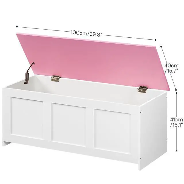 Alt view image 3 of 7 - Storage Bench, 39.3" Retro Wooden Storage Chest, Wooden Storage Trunk, Toy Chest with Lift Top, Multifunctional Entryway Organizer, for Entryway, Living Room, White and Pink WK141CW01