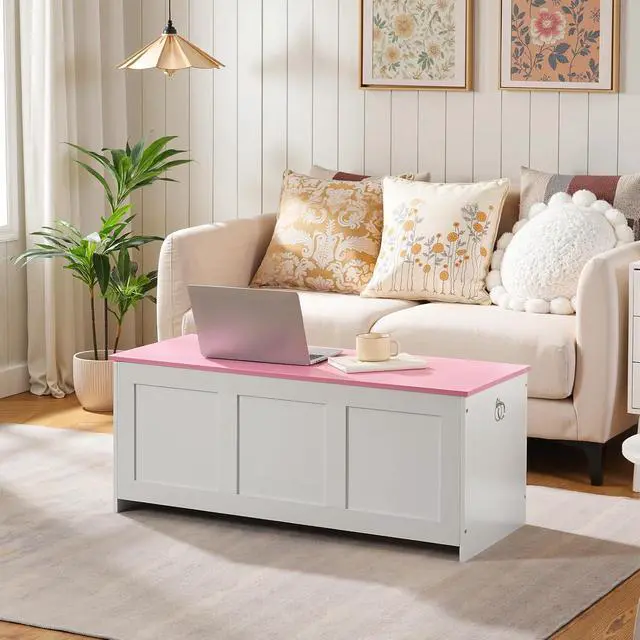 Alt view image 4 of 7 - Storage Bench, 39.3" Retro Wooden Storage Chest, Wooden Storage Trunk, Toy Chest with Lift Top, Multifunctional Entryway Organizer, for Entryway, Living Room, White and Pink WK141CW01