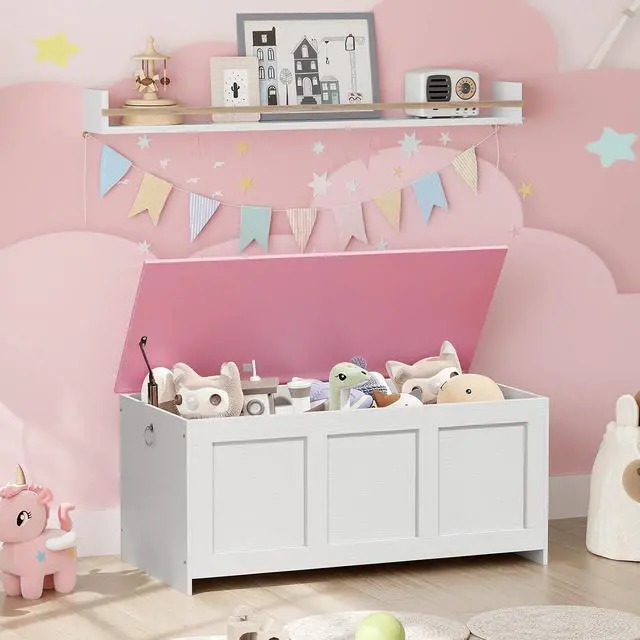 Alt view image 5 of 7 - Storage Bench, 39.3" Retro Wooden Storage Chest, Wooden Storage Trunk, Toy Chest with Lift Top, Multifunctional Entryway Organizer, for Entryway, Living Room, White and Pink WK141CW01