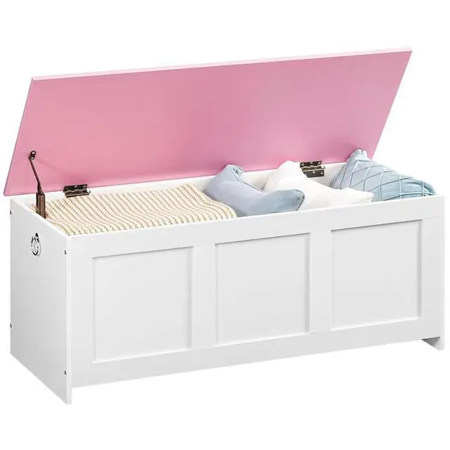 Alt view image 6 of 7 - Storage Bench, 39.3" Retro Wooden Storage Chest, Wooden Storage Trunk, Toy Chest with Lift Top, Multifunctional Entryway Organizer, for Entryway, Living Room, White and Pink WK141CW01