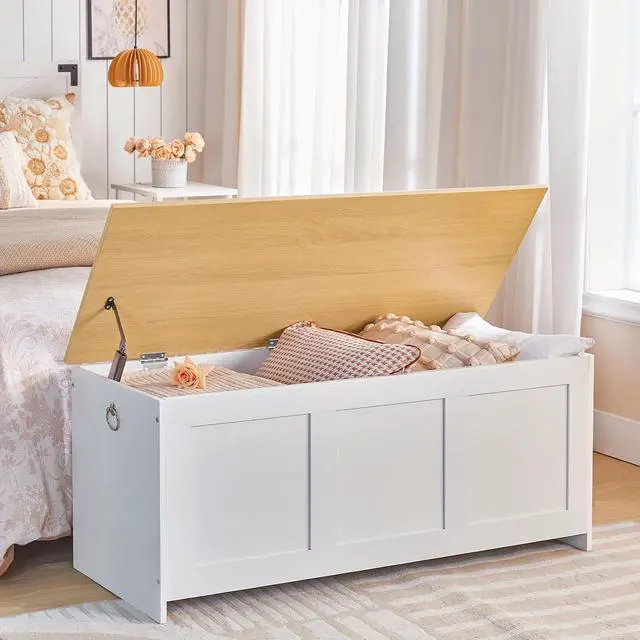 Alt view image 2 of 7 - Storage Bench, 39.3" Retro Wooden Storage Chest, Wooden Storage Trunk, Toy Chest with Lift Top, Multifunctional Entryway Organizer, for Entryway, Living Room, White and Natural WN141CW01G1