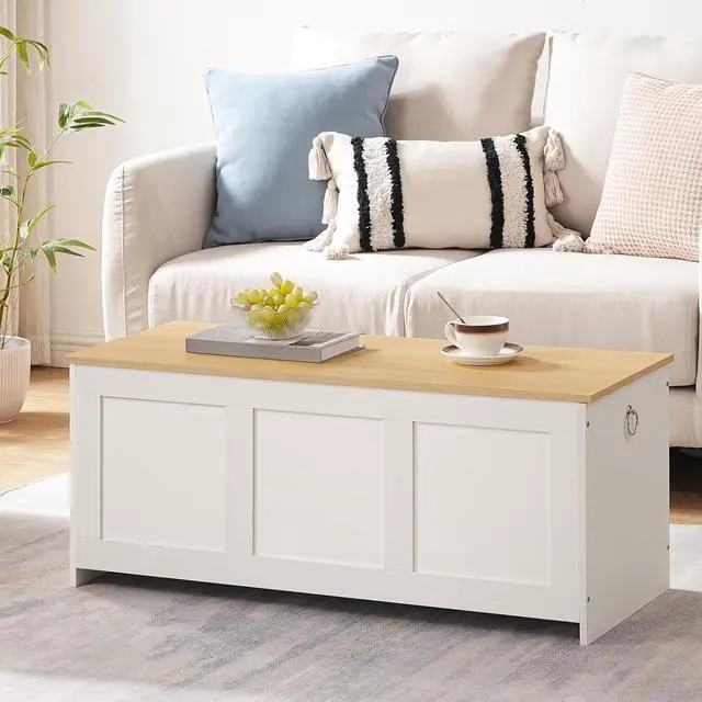 Alt view image 4 of 7 - Storage Bench, 39.3" Retro Wooden Storage Chest, Wooden Storage Trunk, Toy Chest with Lift Top, Multifunctional Entryway Organizer, for Entryway, Living Room, White and Natural WN141CW01G1