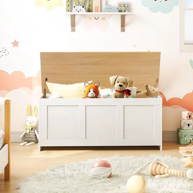 Alt view image 5 of 7 - Storage Bench, 39.3" Retro Wooden Storage Chest, Wooden Storage Trunk, Toy Chest with Lift Top, Multifunctional Entryway Organizer, for Entryway, Living Room, White and Natural WN141CW01G1