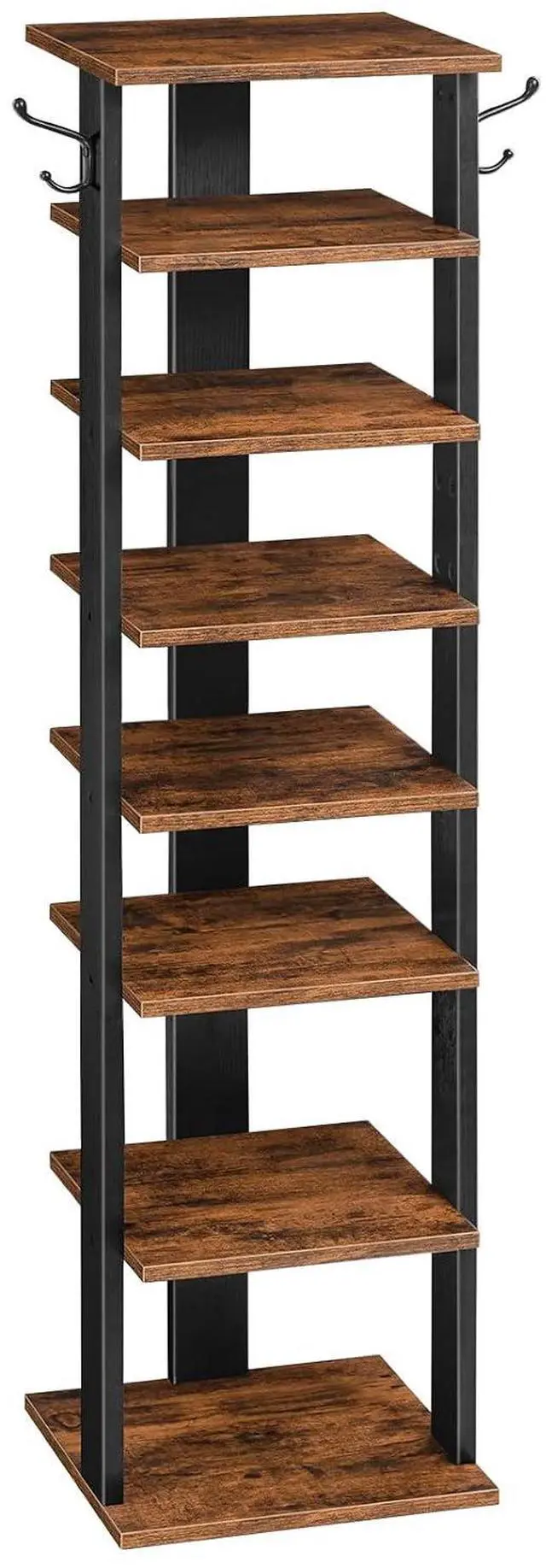 Main image of 8 Tiers Vertical Shoe Rack, Wooden Shoe Storage Organizer with Hooks, Narrow Shoe Tower for 8 Pairs, Space Saving, for Entryway, Living Room, Bedroom, Rustic Brown BF07XJ01G1