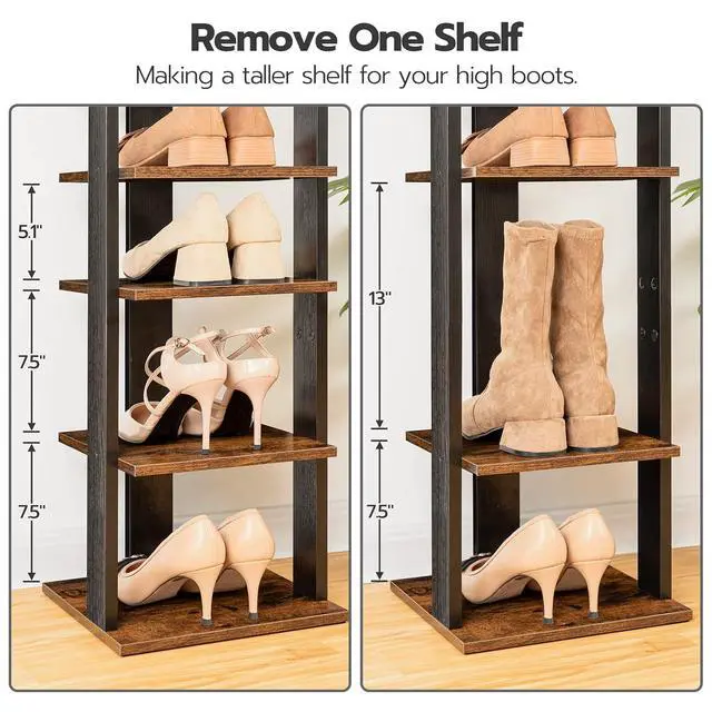 Alt view image 3 of 7 - 8 Tiers Vertical Shoe Rack, Wooden Shoe Storage Organizer with Hooks, Narrow Shoe Tower for 8 Pairs, Space Saving, for Entryway, Living Room, Bedroom, Rustic Brown BF07XJ01G1