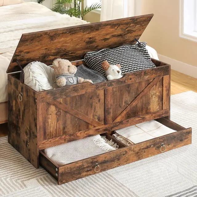 Alt view image 5 of 7 - Storage Chest, 39.3" Toy Chest with Drawer, Wooden Storage Bench, Sturdy Entryway Bench Supports 220 lb, Shoe Bench, Safety Hinge, U-Shaped Opening, Easy Assembly, Rustic Brown FG710CW01G1