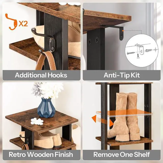 Alt view image 5 of 7 - 8 Tiers Vertical Shoe Rack, Wooden Shoe Storage Organizer with Hooks, Narrow Shoe Tower for 8 Pairs, Space Saving, for Entryway, Living Room, Bedroom, Rustic Brown BF07XJ01G1