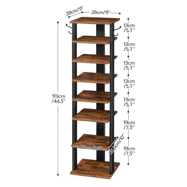 Alt view image 6 of 7 - 8 Tiers Vertical Shoe Rack, Wooden Shoe Storage Organizer with Hooks, Narrow Shoe Tower for 8 Pairs, Space Saving, for Entryway, Living Room, Bedroom, Rustic Brown BF07XJ01G1