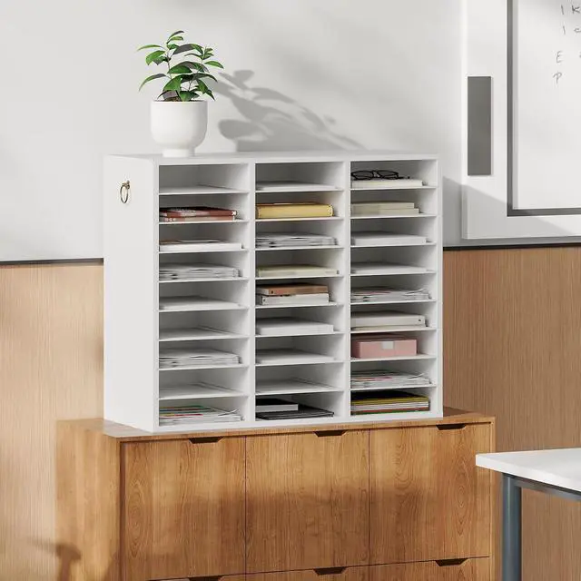 Alt view image 3 of 7 - Literature Organizer, 27 Compartments Wooden Mail Organizer, Countertop Literature Sorter with Adjustable Shelves for Home, Office, School, Student Mailbox for Classroom, White WT27WF01