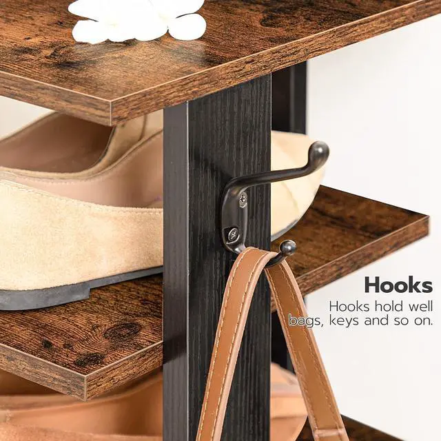 Alt view image 7 of 7 - 8 Tiers Vertical Shoe Rack, Wooden Shoe Storage Organizer with Hooks, Narrow Shoe Tower for 8 Pairs, Space Saving, for Entryway, Living Room, Bedroom, Rustic Brown BF07XJ01G1