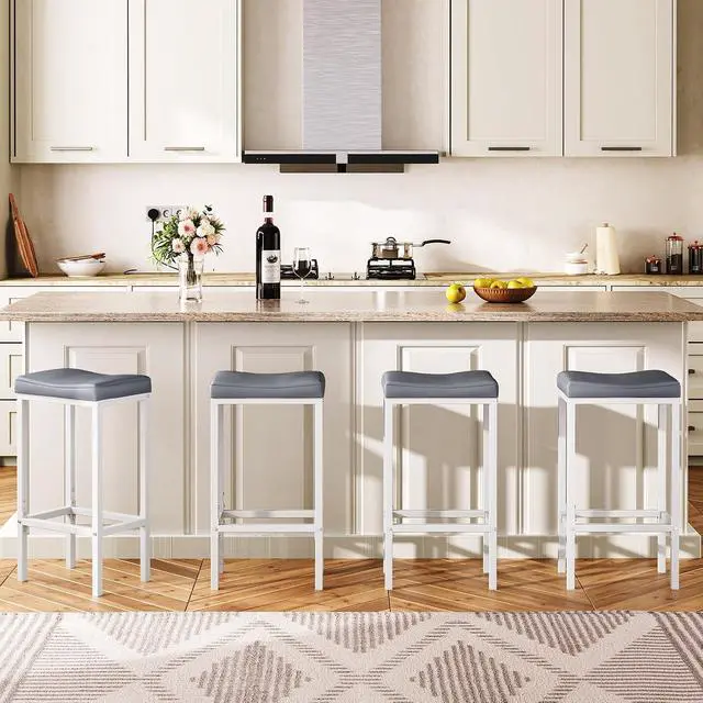 Alt view image 2 of 7 - Bar Stools, Set of 2 Counter Height Saddle Chairs, 24.8 Inches, 2.4" Thick Upholstery, White and Gray WG10BY01
