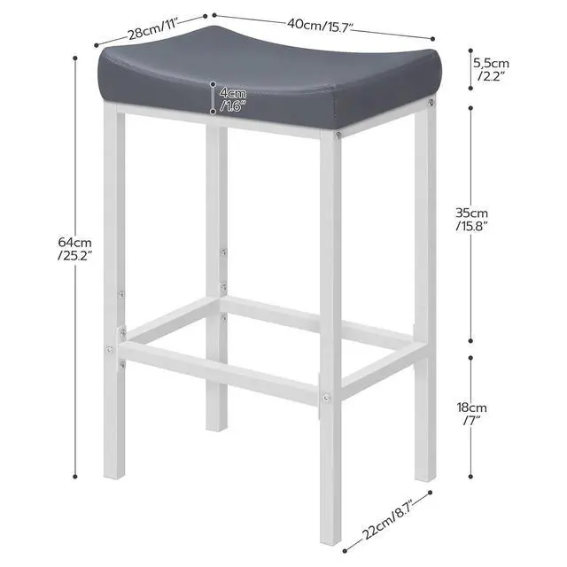 Alt view image 3 of 7 - Bar Stools, Set of 2 Counter Height Saddle Chairs, 24.8 Inches, 2.4" Thick Upholstery, White and Gray WG10BY01