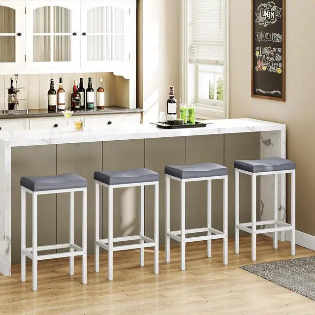 Alt view image 4 of 7 - Bar Stools, Set of 2 Counter Height Saddle Chairs, 24.8 Inches, 2.4" Thick Upholstery, White and Gray WG10BY01