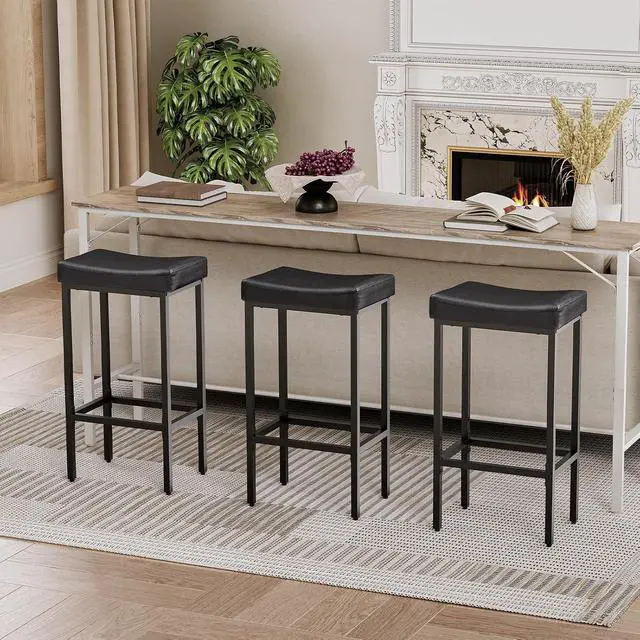 Alt view image 2 of 7 - Bar Stools,Set of 3 Bar Chairs, Counter Height Bar Stools, Saddle Stools, Set of 3 Kitchen Stools, 24.8" Barstools, 2.4" Thick Upholstery, for Kitchen, Dining Room, Cafe, Black BB10BYP301