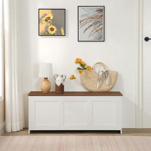 Alt view image 5 of 7 - Storage Bench, 39.3" Retro Wooden Storage Chest, Wooden Storage Trunk, Toy Chest with Lift Top, Multifunctional Entryway Organizer, for Entryway, Living Room, White and Walnut WH141CW01G1