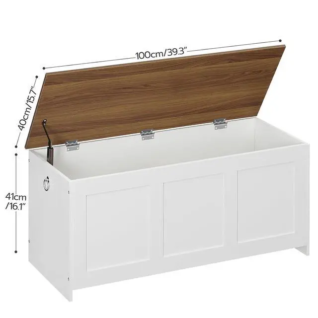 Alt view image 3 of 7 - Storage Bench, 39.3" Retro Wooden Storage Chest, Wooden Storage Trunk, Toy Chest with Lift Top, Multifunctional Entryway Organizer, for Entryway, Living Room, White and Walnut WH141CW01G1