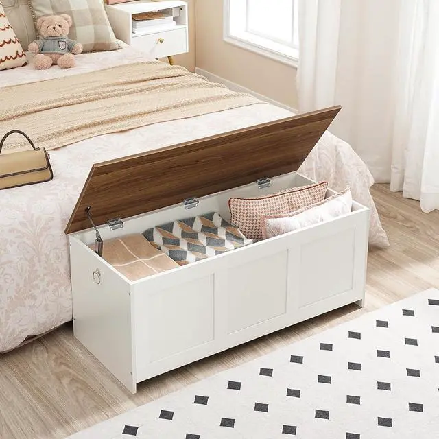 Alt view image 2 of 7 - Storage Bench, 39.3" Retro Wooden Storage Chest, Wooden Storage Trunk, Toy Chest with Lift Top, Multifunctional Entryway Organizer, for Entryway, Living Room, White and Walnut WH141CW01G1