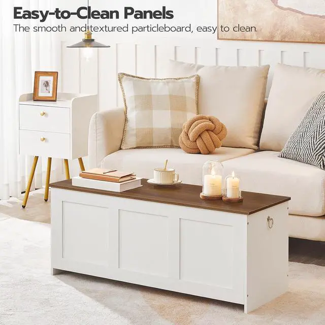 Alt view image 4 of 7 - Storage Bench, 39.3" Retro Wooden Storage Chest, Wooden Storage Trunk, Toy Chest with Lift Top, Multifunctional Entryway Organizer, for Entryway, Living Room, White and Walnut WH141CW01G1