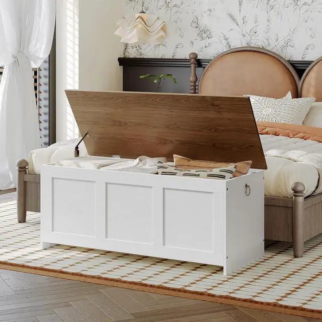 Alt view image 7 of 7 - Storage Bench, 39.3" Retro Wooden Storage Chest, Wooden Storage Trunk, Toy Chest with Lift Top, Multifunctional Entryway Organizer, for Entryway, Living Room, White and Walnut WH141CW01G1